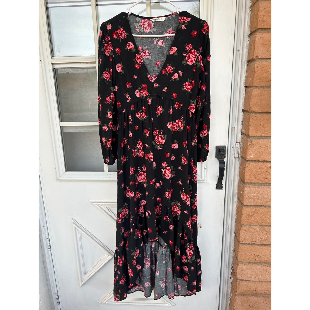 Stradivarius Womens Red Rose Floral V-Neck High-Low Midi Dress L Dark Romantic